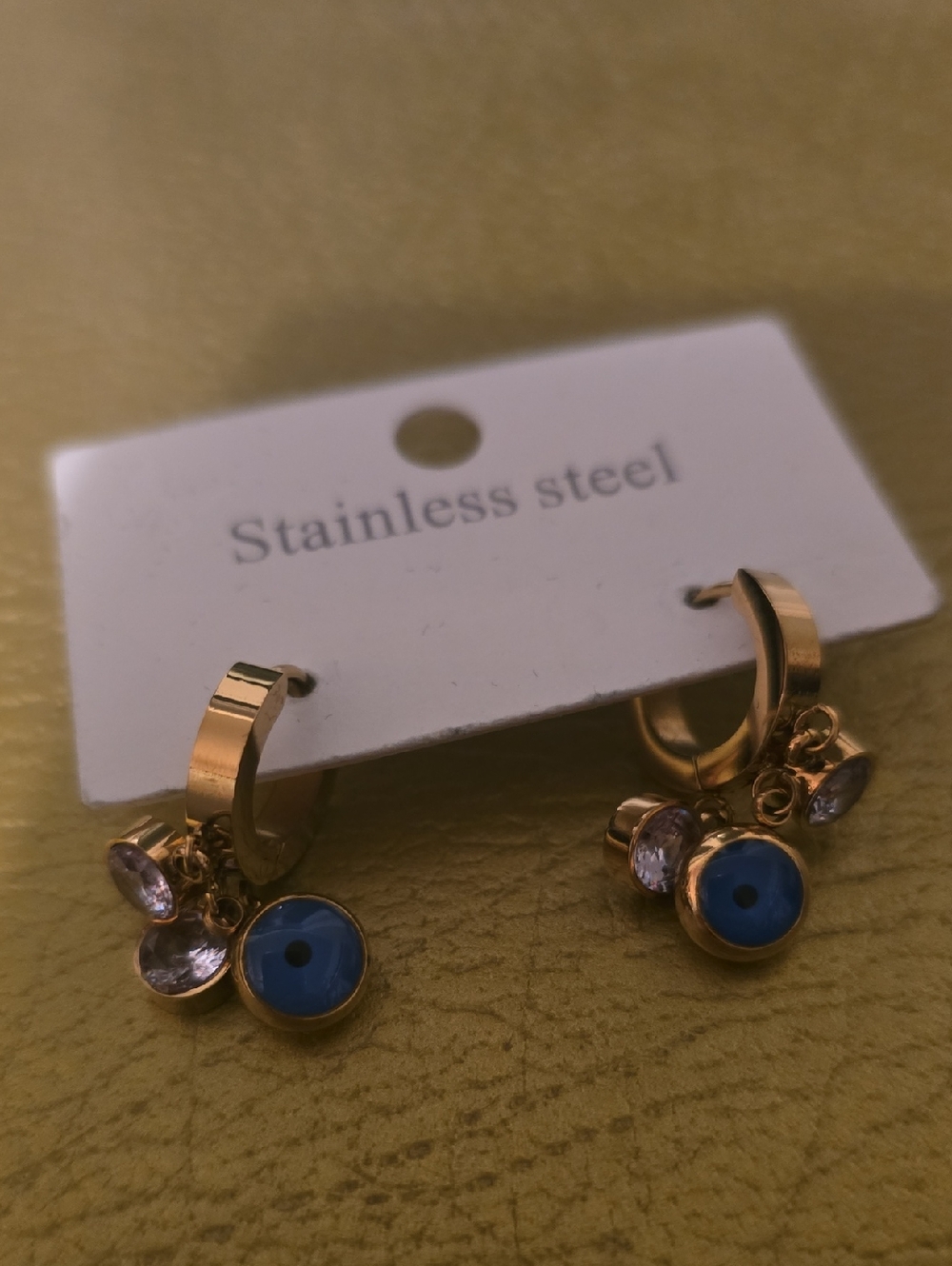 Gold Stainless Steel Hoop Earrings with Blue Eye and Crystal Dangles